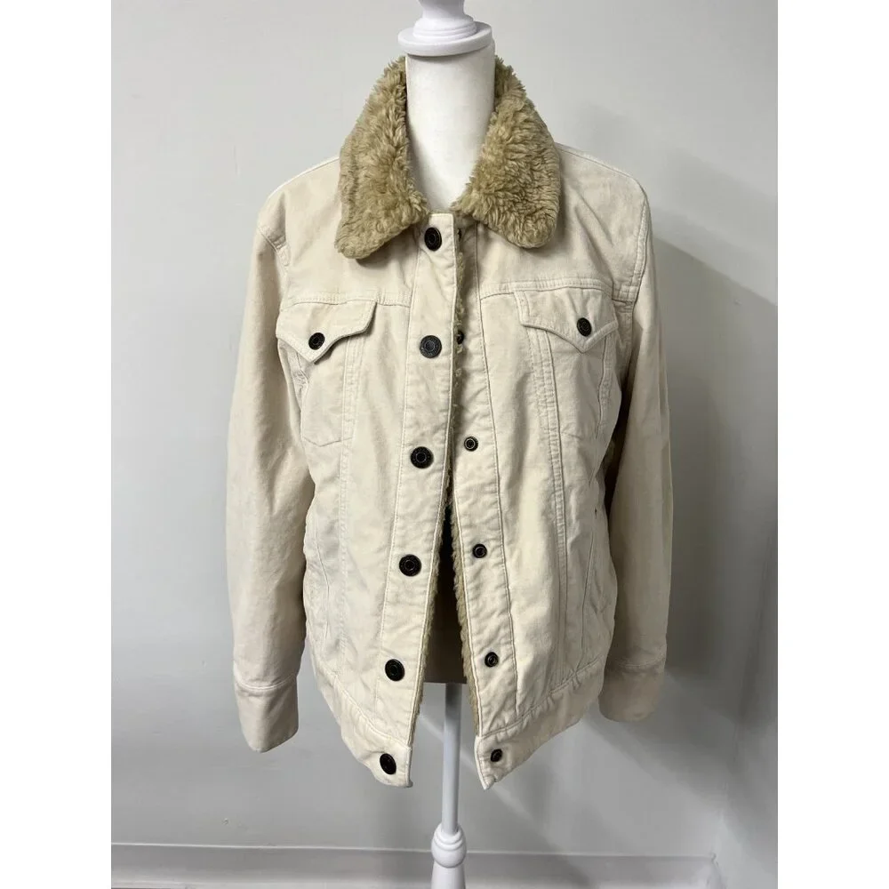 Vtg‎ GAP Women’s Large Ivory Insulated Sherpa Lined Trucker Velour Y2K Jacket